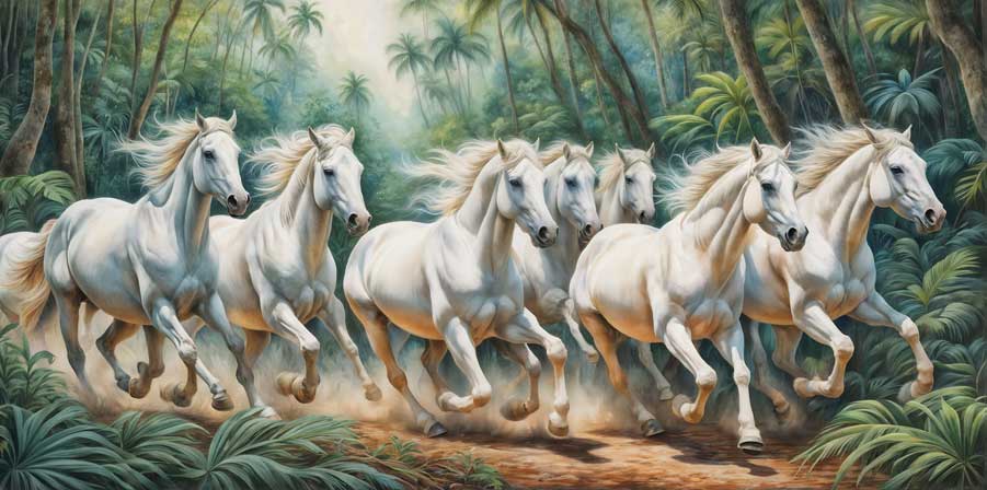 Seven White Horses Running in Lush Green Background – Symbol of Growth, Vitality & New Beginnings